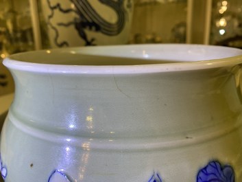 A Chinese blue and white celadon-ground censer, Kangxi